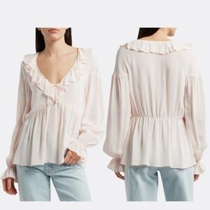 Reformation Wyn Shirt Women's Size 6 NWT Pink V-Neck Long Sleeve Ruffle Top